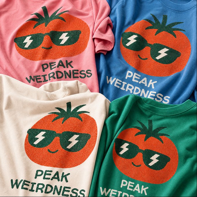 Peak Weirdness tees folded in four colors